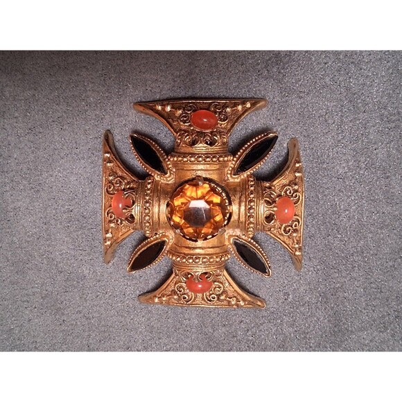 Florenza Vintage Maltese Cross Brooch Topaz Carnelian Rhinestones - Picture 1 of 6